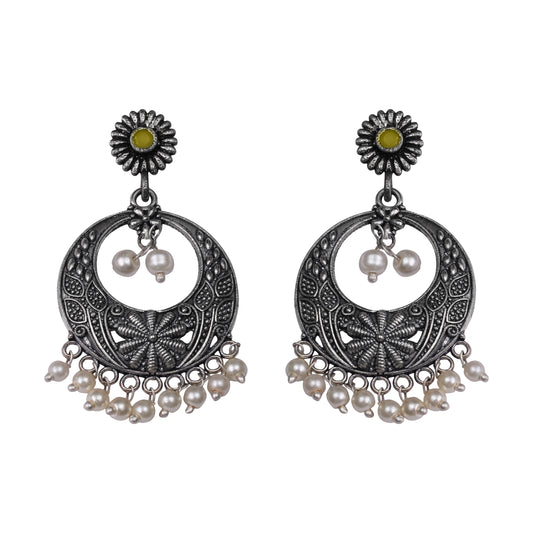 Yellow Stone Studded Beautiful Oxidised Earrings With Hanging Pearls