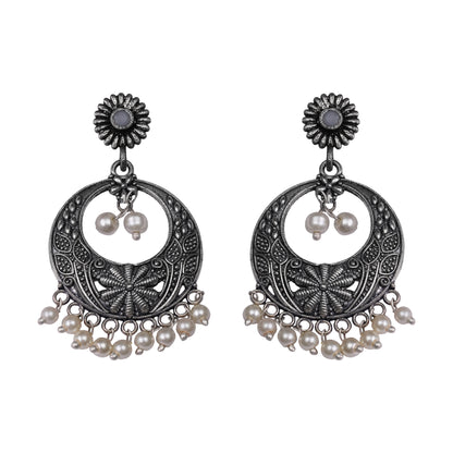 Grey Stone Studded Beautiful Oxidised Earrings With Hanging Pearls