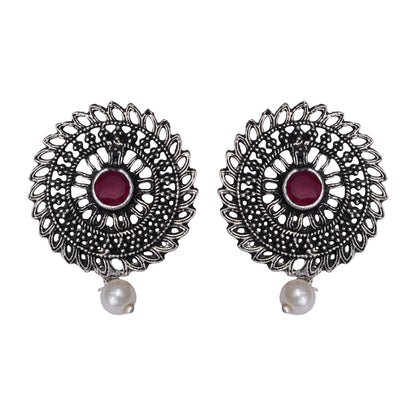 Red Stone Studded Beautiful Oxidised Studs With Hanging Pearl