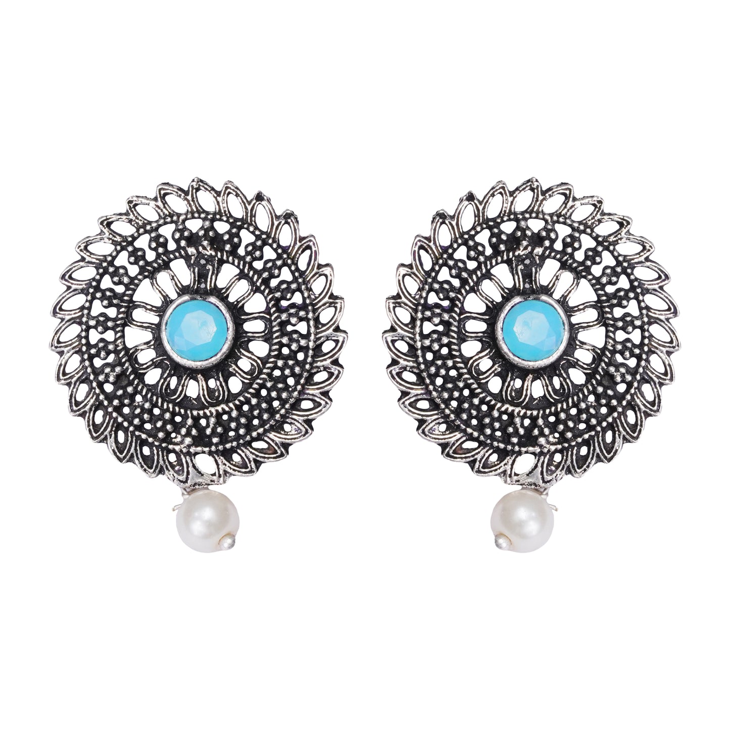 Sky Blue Stone Studded Beautiful Oxidised Studs With Hanging Pearl