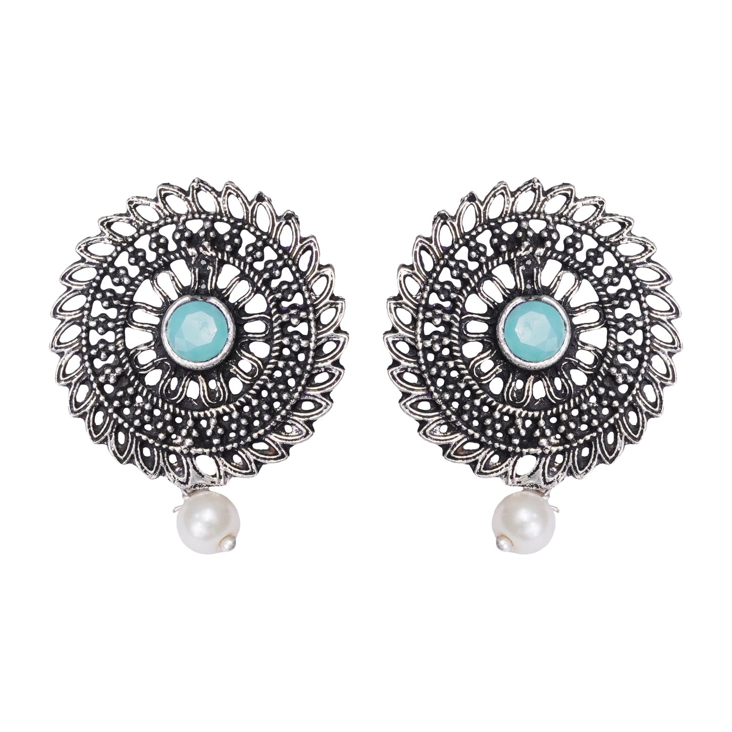 Mint Stone Studded Beautiful Oxidised Studs With Hanging Pearl