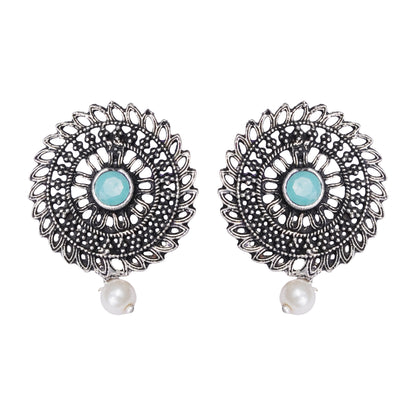 Mint Stone Studded Beautiful Oxidised Studs With Hanging Pearl