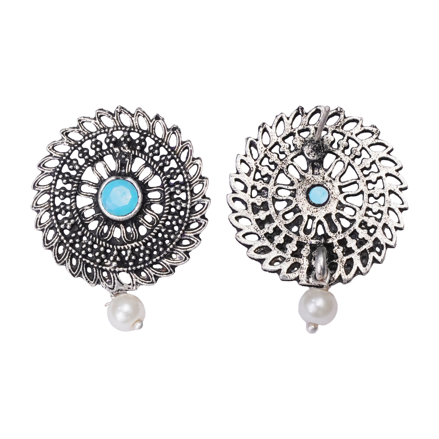 Sky Blue Stone Studded Beautiful Oxidised Studs With Hanging Pearl