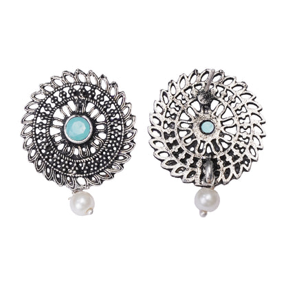 Mint Stone Studded Beautiful Oxidised Studs With Hanging Pearl