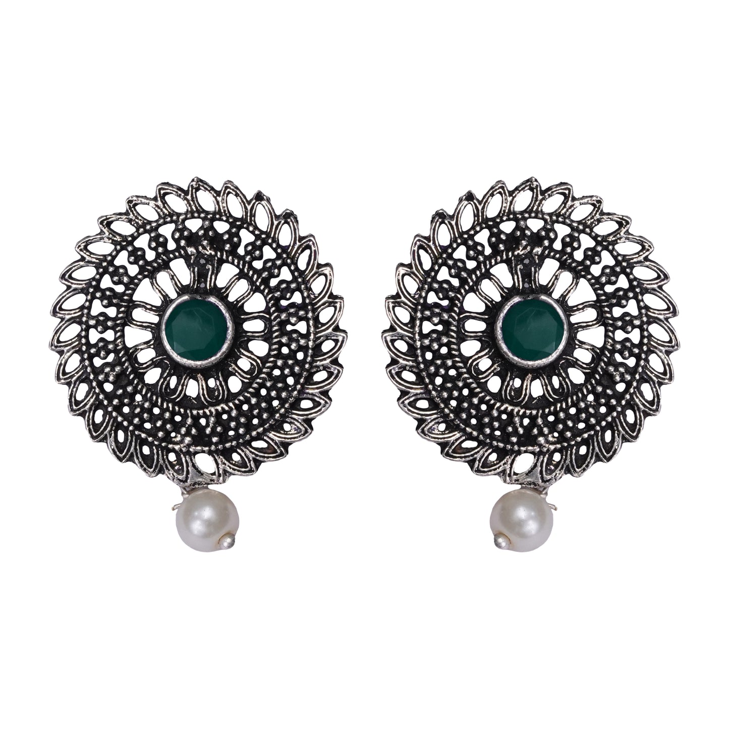 Green Stone Studded Beautiful Oxidised Studs With Hanging Pearl