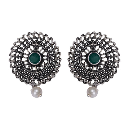 Green Stone Studded Beautiful Oxidised Studs With Hanging Pearl