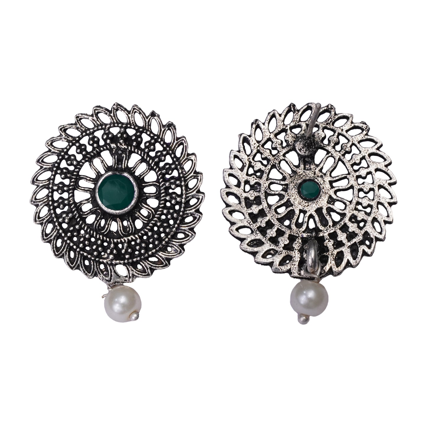 Green Stone Studded Beautiful Oxidised Studs With Hanging Pearl