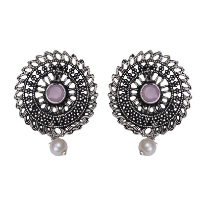 Baby Pink Stone Studded Beautiful Oxidised Studs With Hanging Pearl