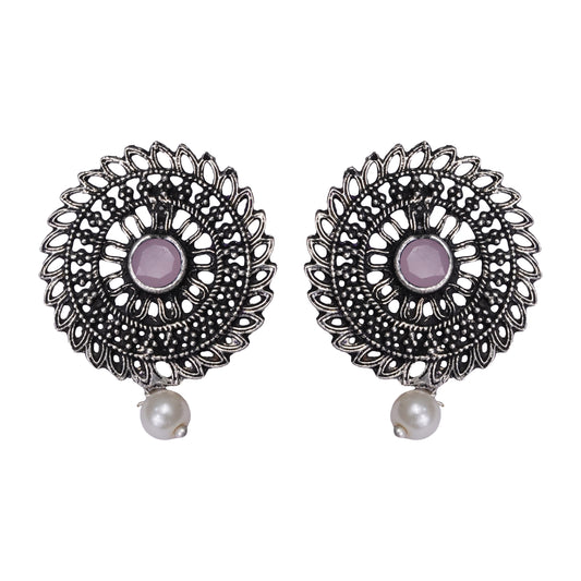 Baby Pink Stone Studded Beautiful Oxidised Studs With Hanging Pearl