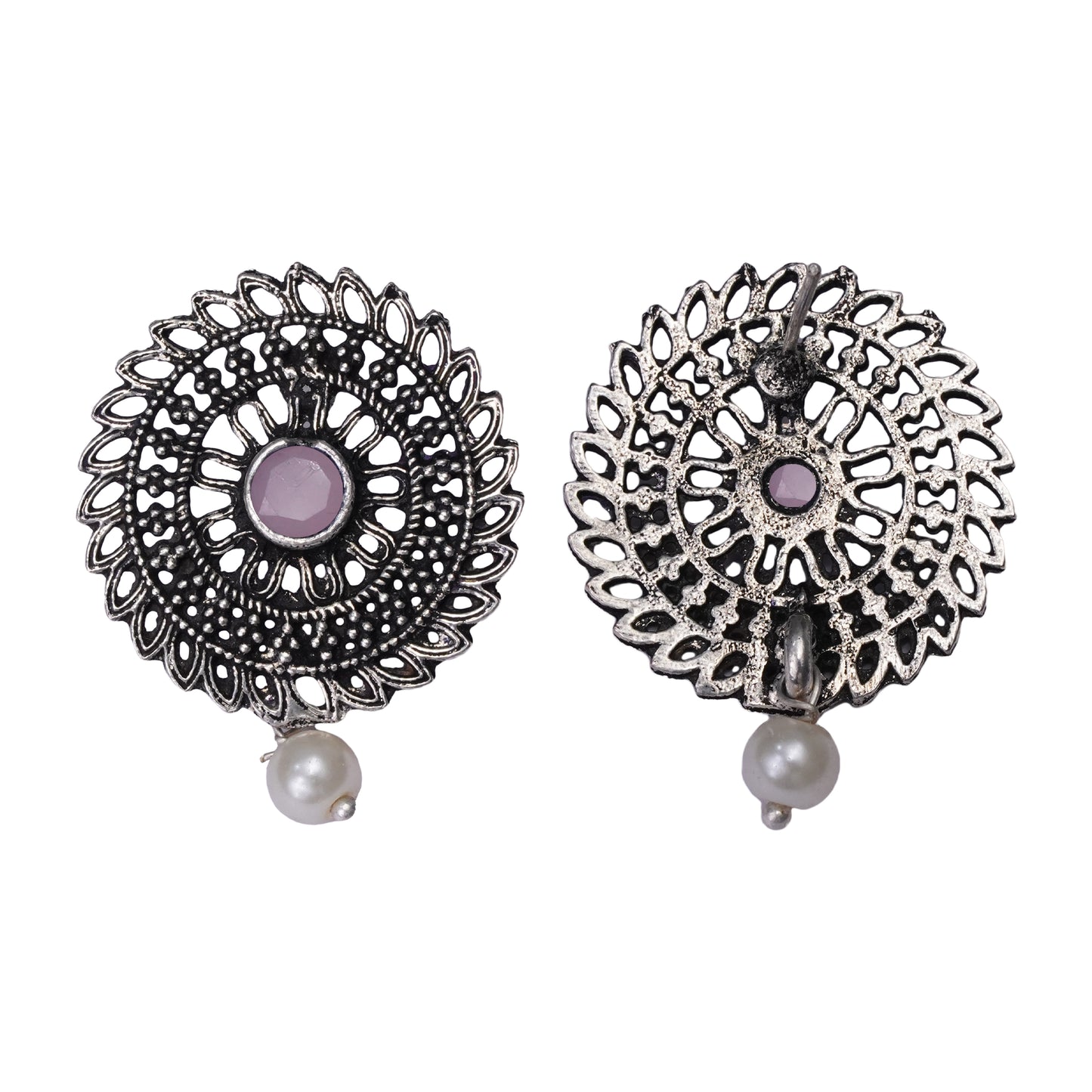 Baby Pink Stone Studded Beautiful Oxidised Studs With Hanging Pearl