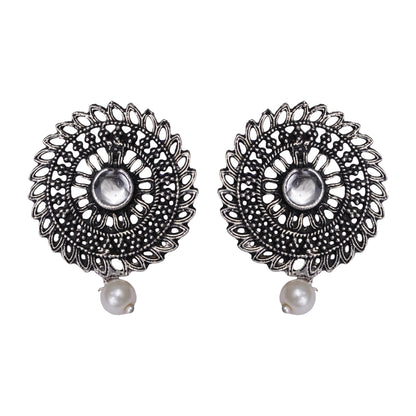 White Stone Studded Beautiful Oxidised Studs With Hanging Pearl