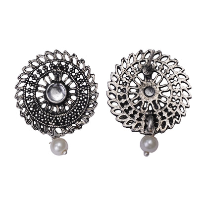 White Stone Studded Beautiful Oxidised Studs With Hanging Pearl