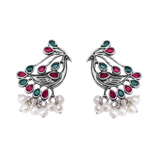 Multi Colored Stone Studded Peacock Earrings With Hanging Pearls