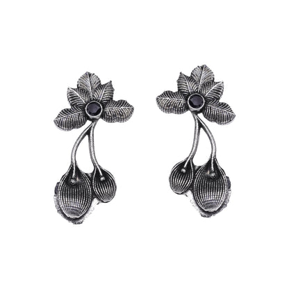 Black Stone Studded Flower Shaped Intricate Oxidised Earrings