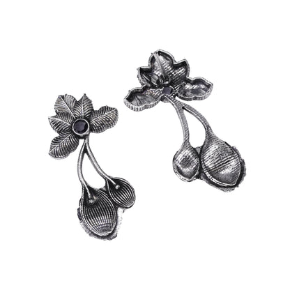 Black Stone Studded Flower Shaped Intricate Oxidised Earrings