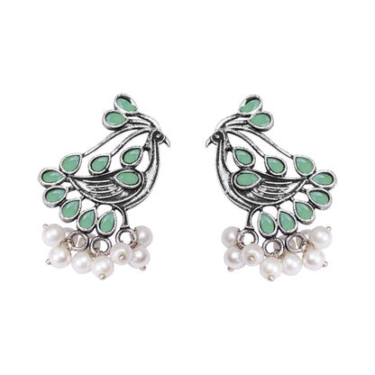 Pista Stone Studded Peacock Earrings With Hanging Pearls