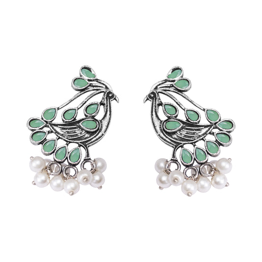 Pista Stone Studded Peacock Earrings With Hanging Pearls