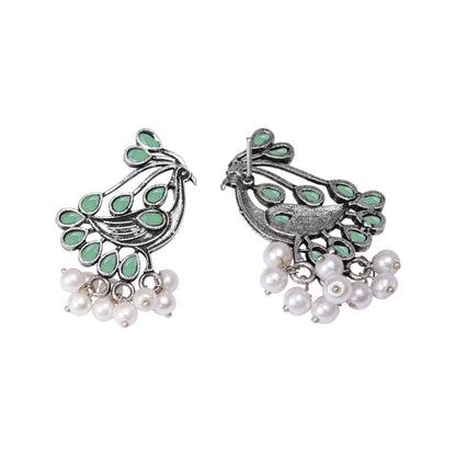 Pista Stone Studded Peacock Earrings With Hanging Pearls