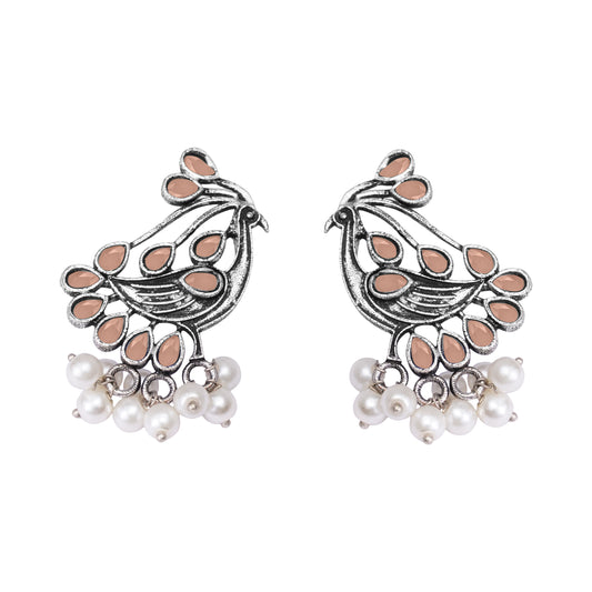 Light Orangish Stone Studded Peacock Earrings With Hanging Pearls