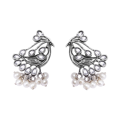 White Stone Studded Peacock Earrings With Hanging Pearls