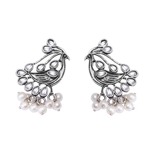 White Stone Studded Peacock Earrings With Hanging Pearls