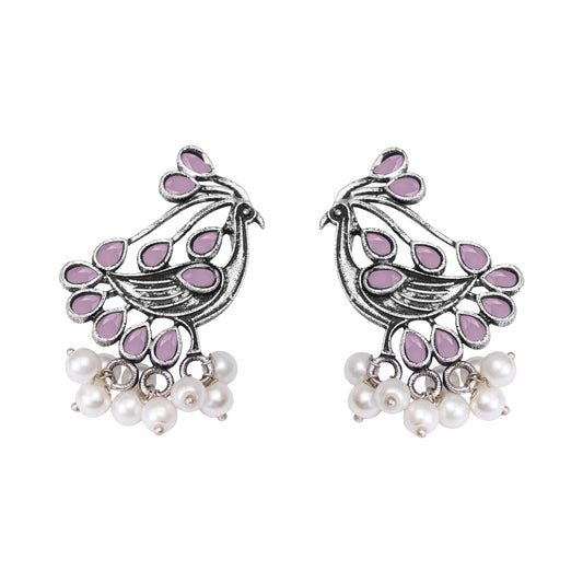 Baby Pink Stone Studded Peacock Earrings With Hanging Pearls