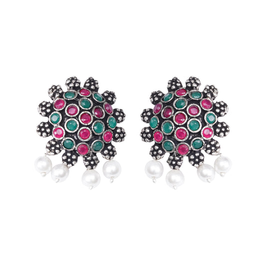 Multi Colored Stone Studded Oxidised Earrings With Hanging Pearls