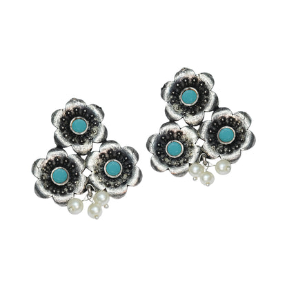 Mint Stone Studded Flower Stud Earrings