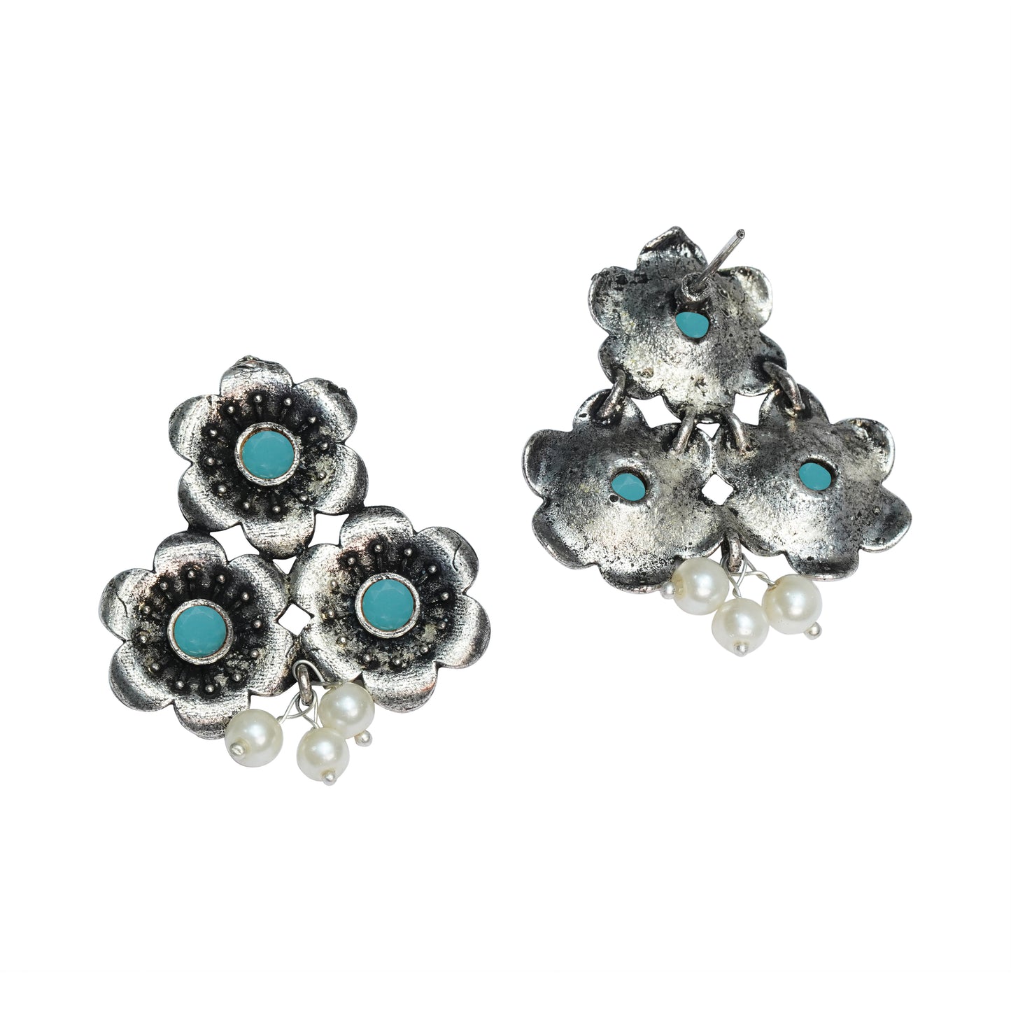 Mint Stone Studded Flower Stud Earrings