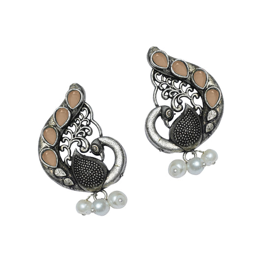 Yellow Stone Studded Peacock Motif Stud Earrings With Hanging Pearls