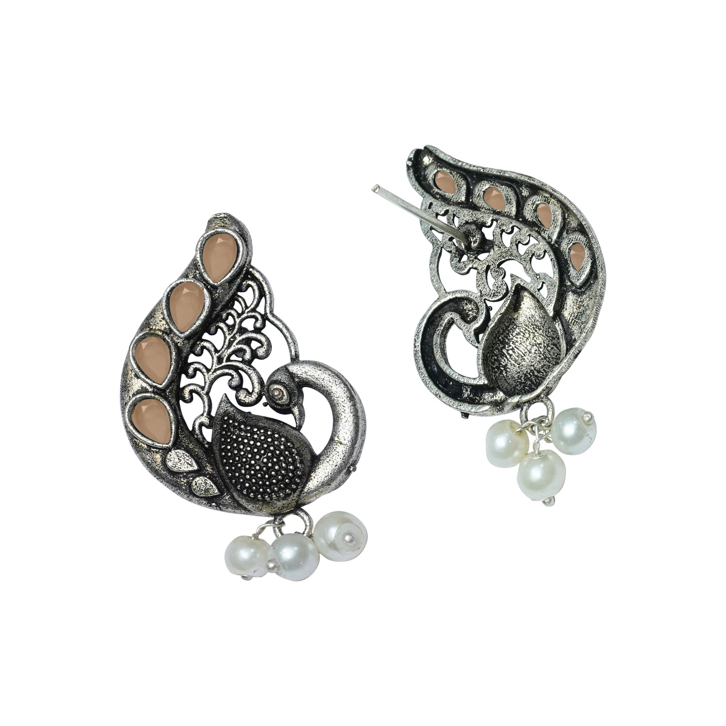 Yellow Stone Studded Peacock Motif Stud Earrings With Hanging Pearls