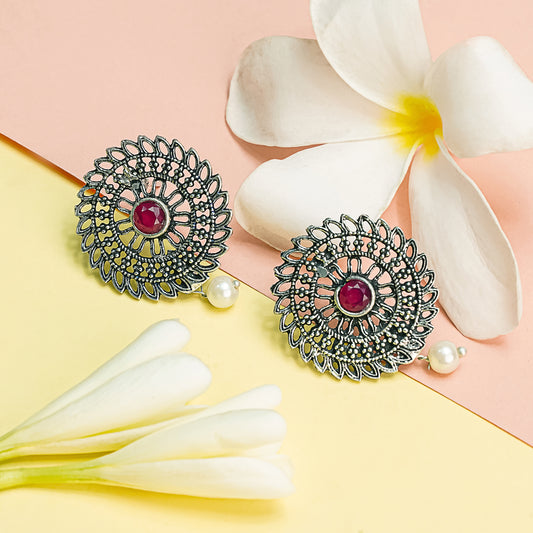 Red Stone Studded Beautiful Oxidised Studs With Hanging Pearl