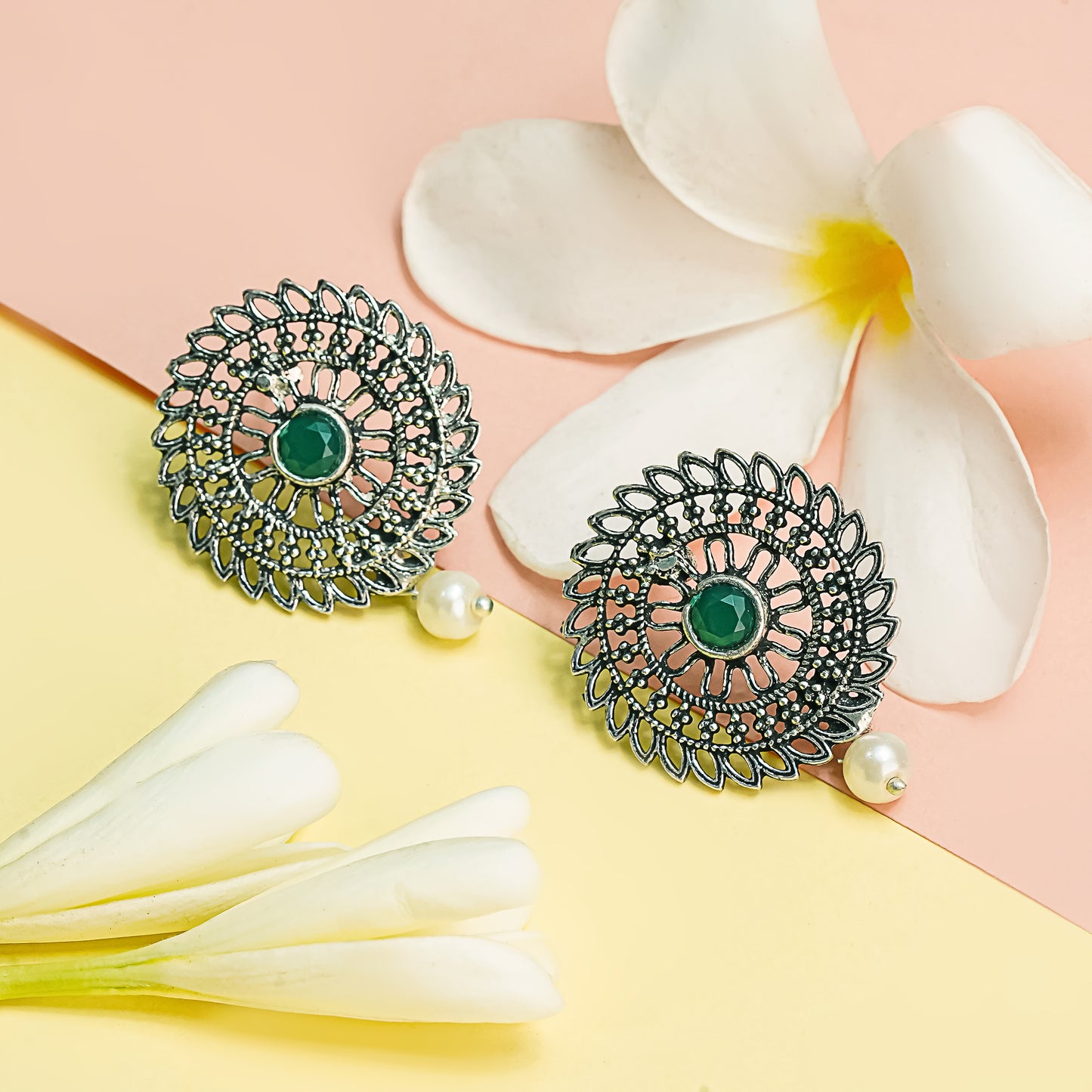 Green Stone Studded Beautiful Oxidised Studs With Hanging Pearl