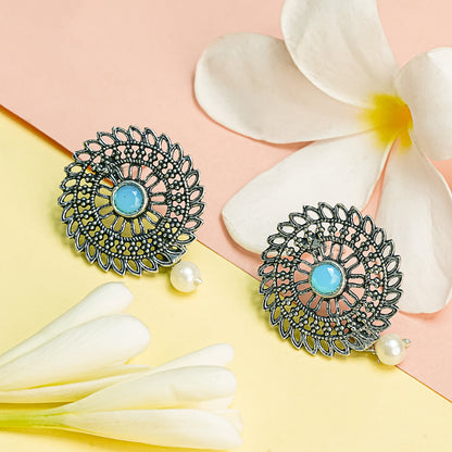 Sky Blue Stone Studded Beautiful Oxidised Studs With Hanging Pearl