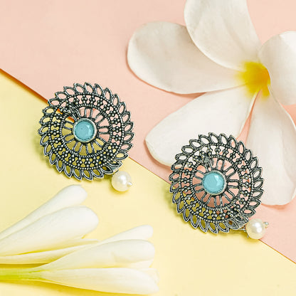 Mint Stone Studded Beautiful Oxidised Studs With Hanging Pearl