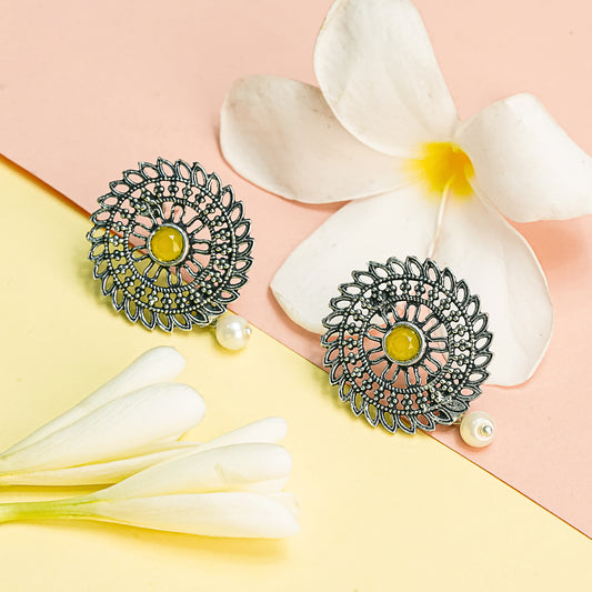 Yellow Stone Studded Beautiful Oxidised Studs With Hanging Pearl