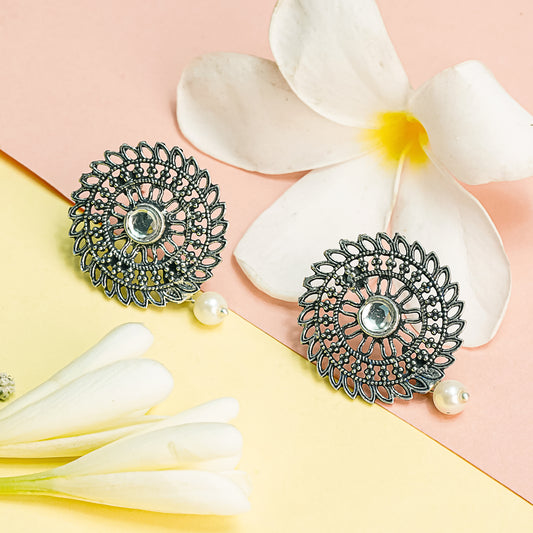 White Stone Studded Beautiful Oxidised Studs With Hanging Pearl