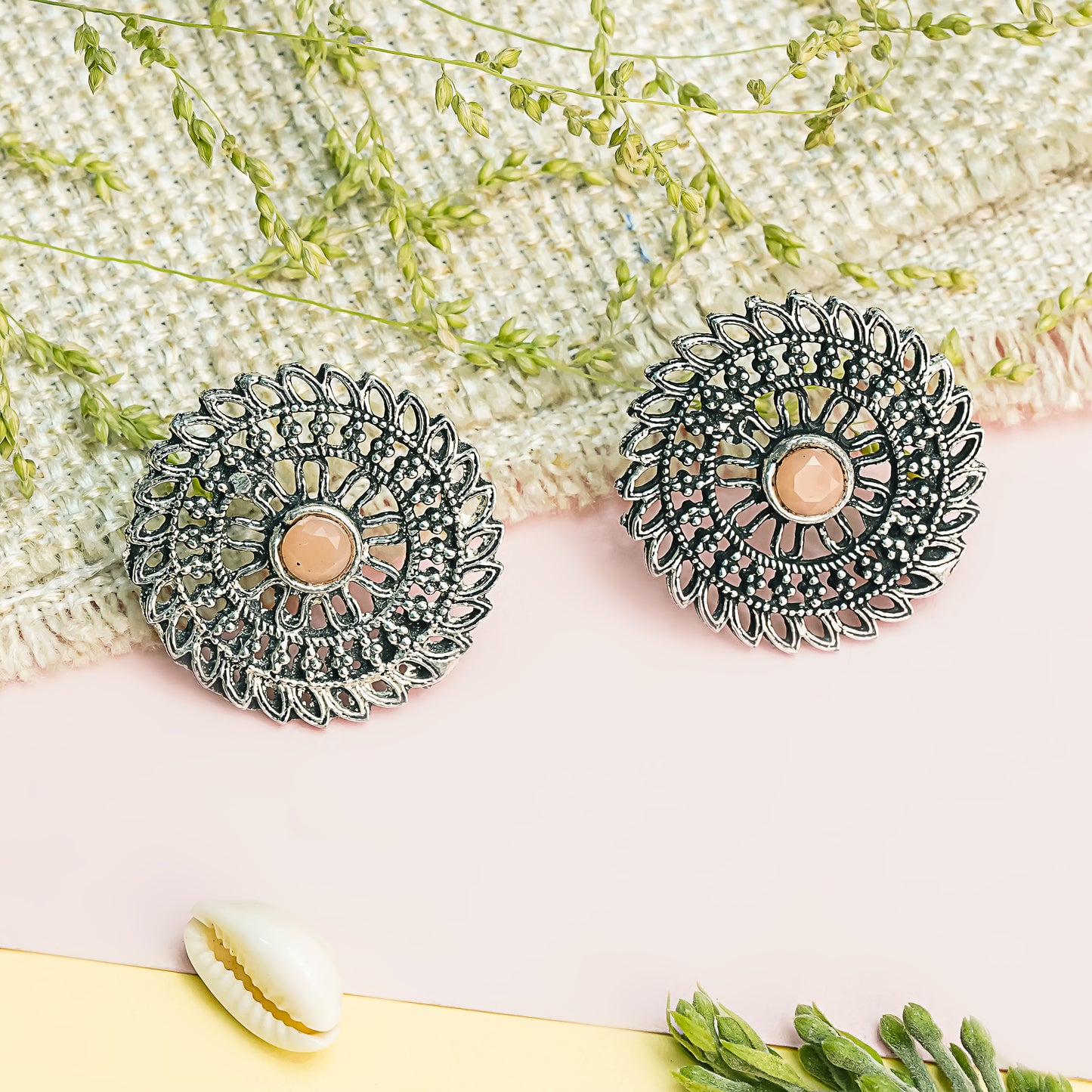 Light Orangish Stone Studded Beautiful Oxidised Studs