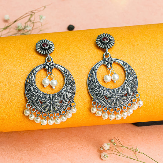 Red Stone Studded Beautiful Oxidised Earrings With Hanging Pearls