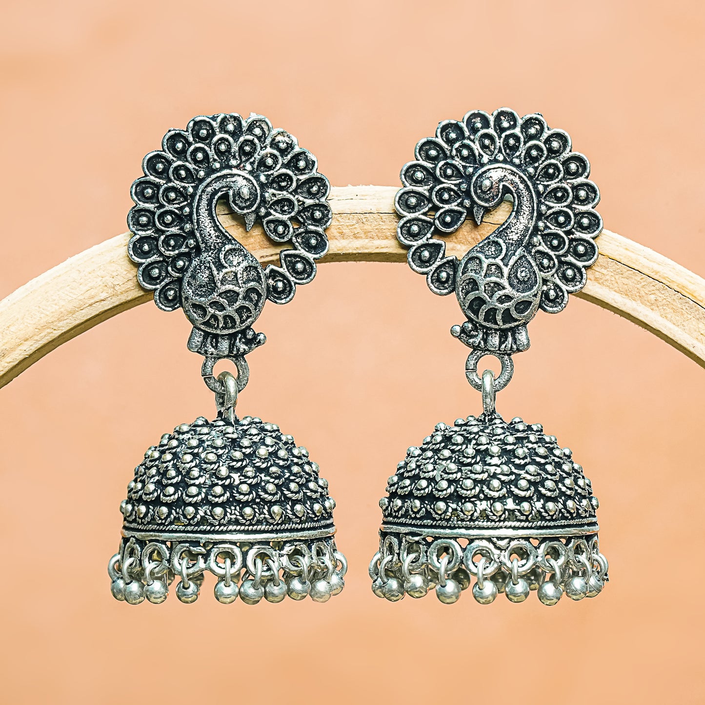 Peacock Shaped Oxidised Jhumka Earrings