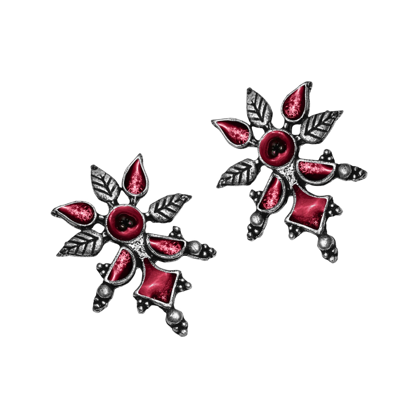 Red Meenakari Oxidised Leaf Earrings