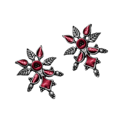 Red Meenakari Oxidised Leaf Earrings