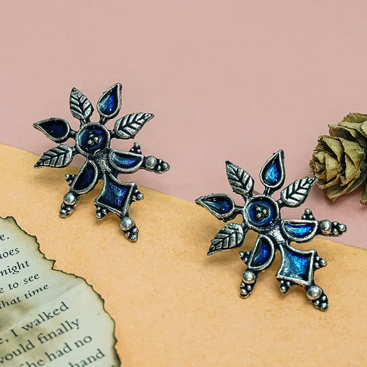 Blue Meenakari Oxidised Leaf Earrings