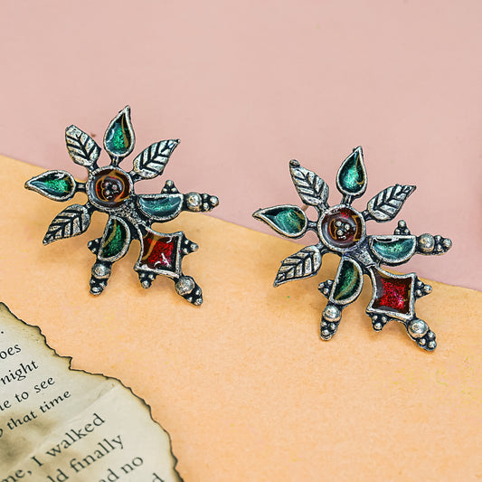 Multicolored Meenakari Oxidised Leaf Earrings