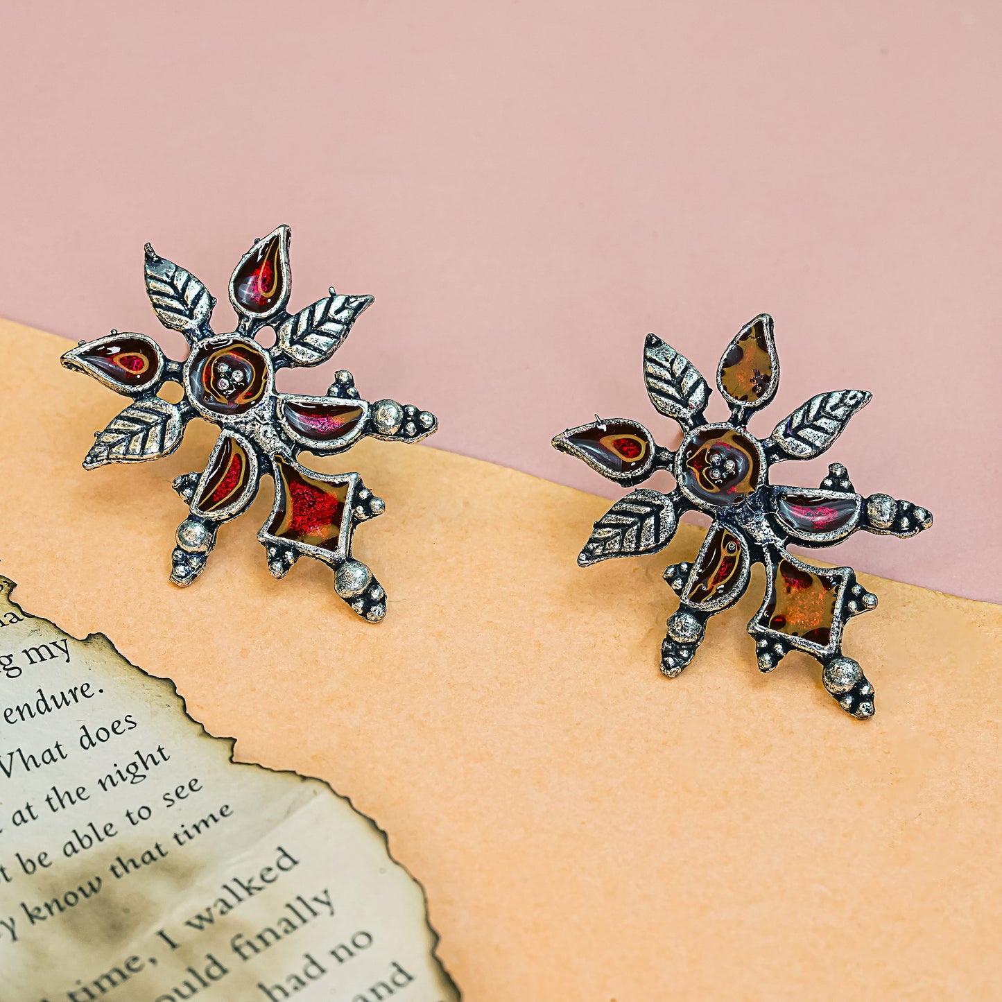 Red Meenakari Oxidised Leaf Earrings