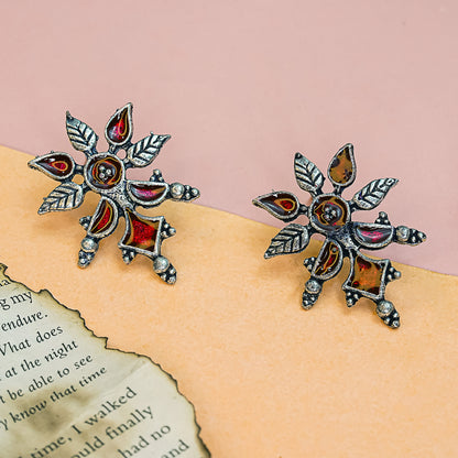 Red Meenakari Oxidised Leaf Earrings