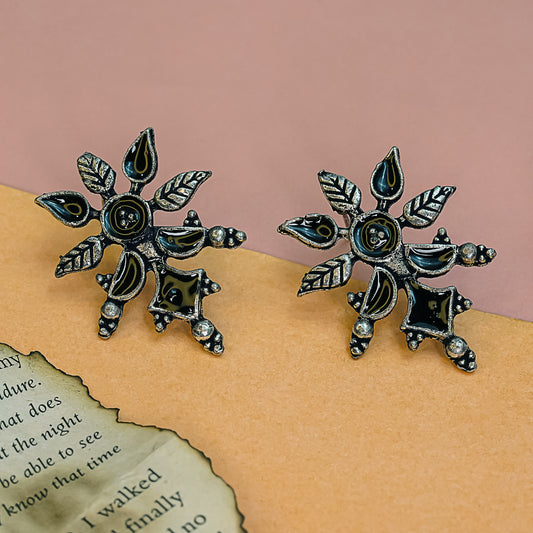 Black Meenakari Oxidised Leaf Earrings