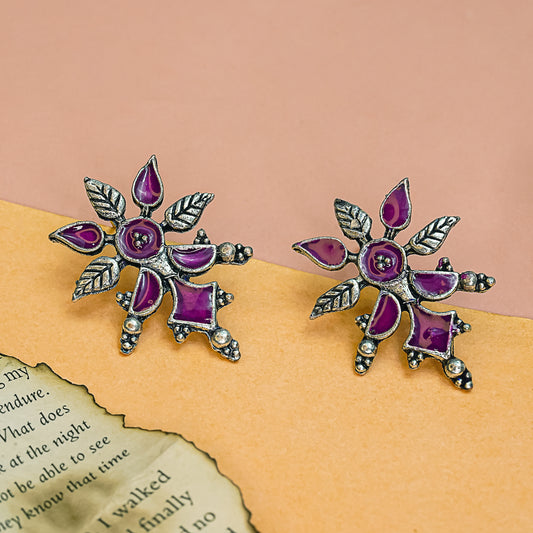 Pink Meenakari Oxidised Leaf Earrings