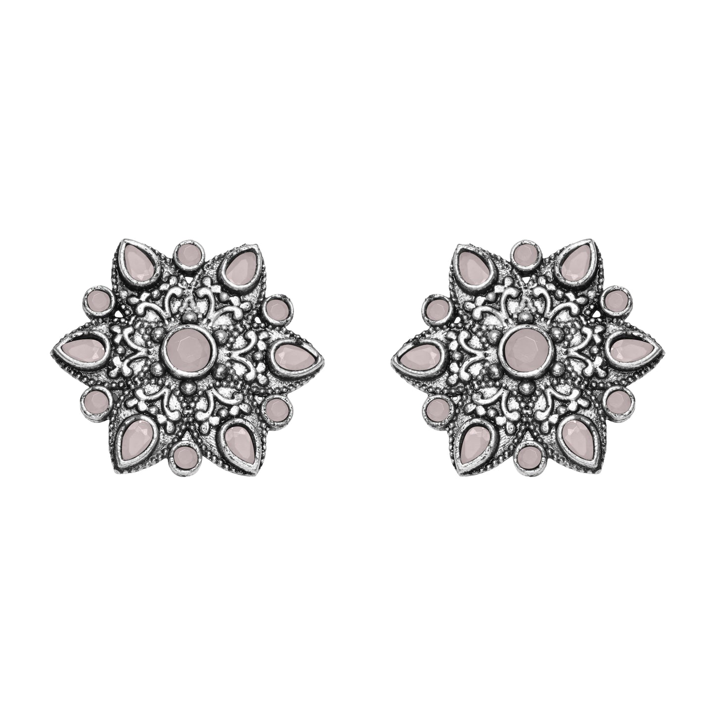 Baby Pink Stone Studded Star Shaped German Silver Stud Earrings