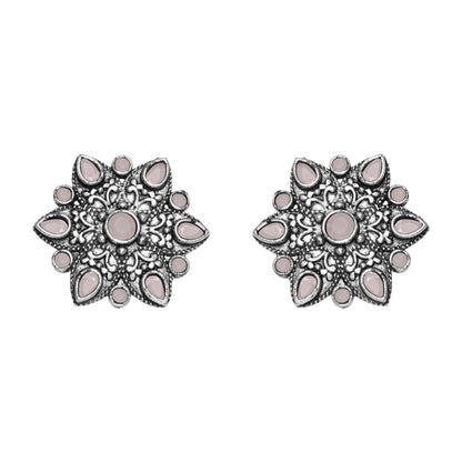 Baby Pink Stone Studded Star Shaped German Silver Stud Earrings